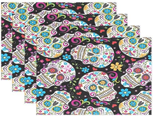 Ethel Ernest Sugar Skulls Heat-resistant Placemats, Polyester Tablemat Place Mat for Kitchen Dining Room Set of 4