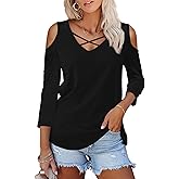 Amoretu Womens Summer Shirts V Neck Criss Cross Cold Shoulder Tops Blouse