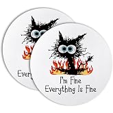 Vgrti It's Fine Everything Is Fine Funny Office Drink Coasters Set of 2 | Funny Black Cat Coffee Cup Mats for Office Home Desk Decor, Humor Sarcastic Cat Lover Work Gag Gifts for Women Coworkers
