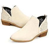 BANGTEUO Womens V-Cutout Chunky Heel Ankle Boots Comfort Slip On Pointed Toe Stacked Heel Western Breathable Short Booties For Dressy Daily Casual