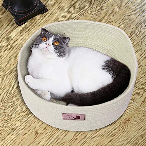 Round Cat Bed Basket Nest Cotton Rope Woven Warm Medium Pet Sleeping Bed House Nesting Rest Cute Fun Scratcher Scratching Scratch Mat Pad Puppy Small Dogs Indoor Play Eco Washable Winter Summer Beige - Thumbnail 6