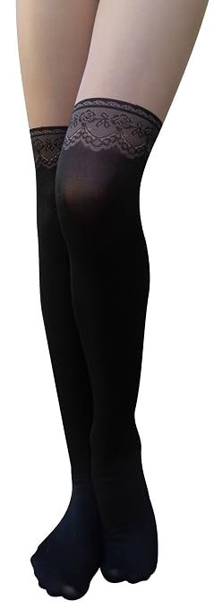 thumbnail image 2 of Fiore Valentis Mock Lace-Up Garter Stockings – Black, Thigh High, Sheer European Hosiery (3 Sizes) 2 of 5