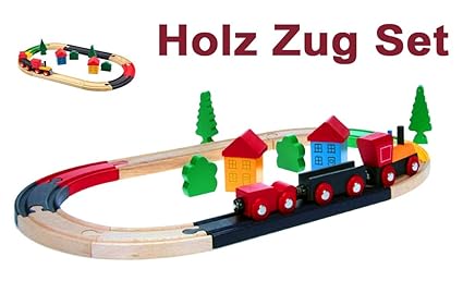 Brigamo 17892 - HolzEisenbahn Set, Holzspielzeug Eisebahn mit Waggons und Schienen