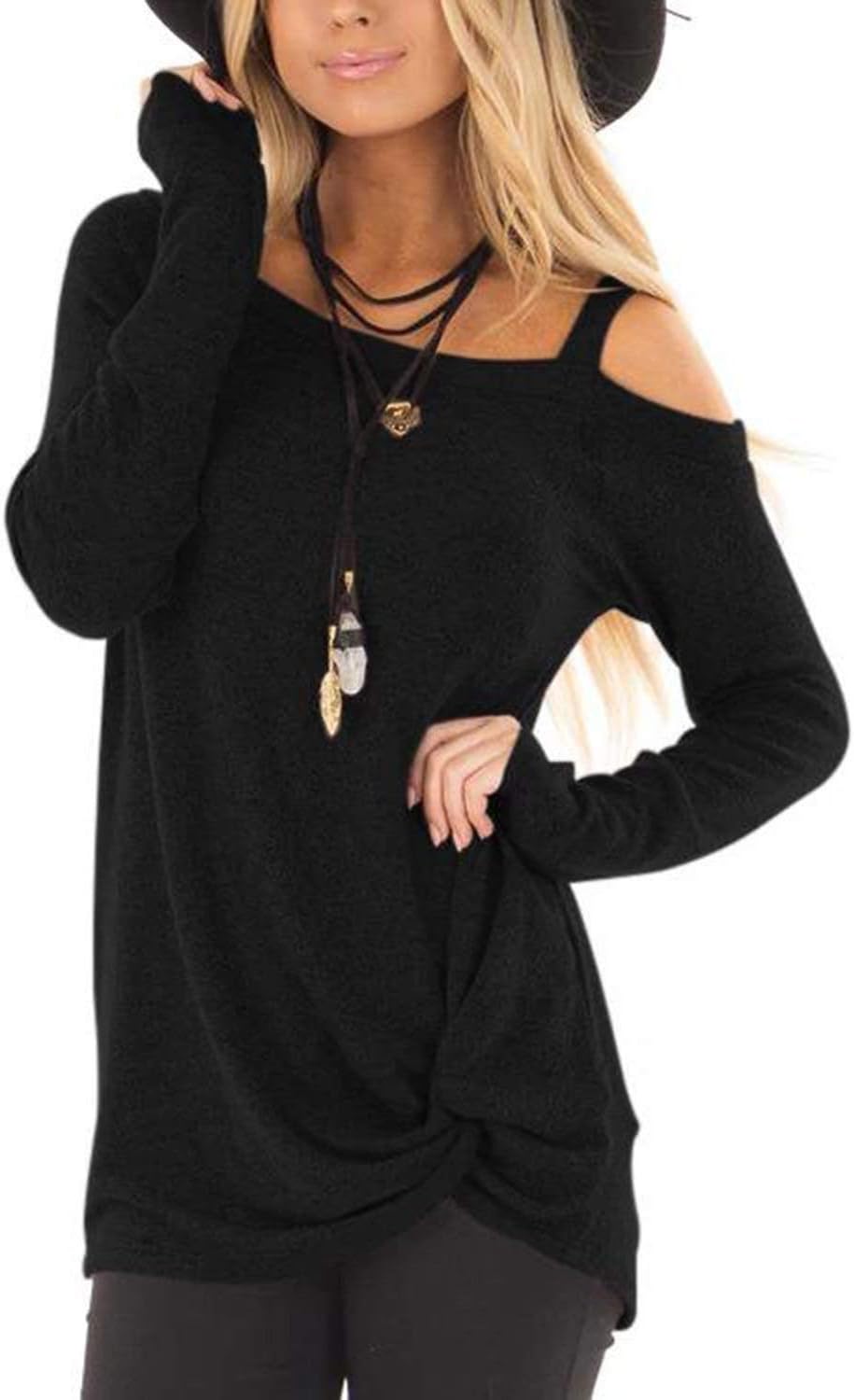 Womens Casual Cold Shoulder Long Sleeve Front Twist Tops