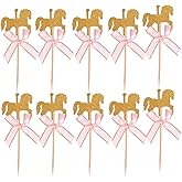 NUOBESTY 20Pcs Carousel Cupcake Toppers with Pink Bow, Glitter Horse Cake Decorations for Kids Birthday Party, Baby Shower, Wedding Supplies