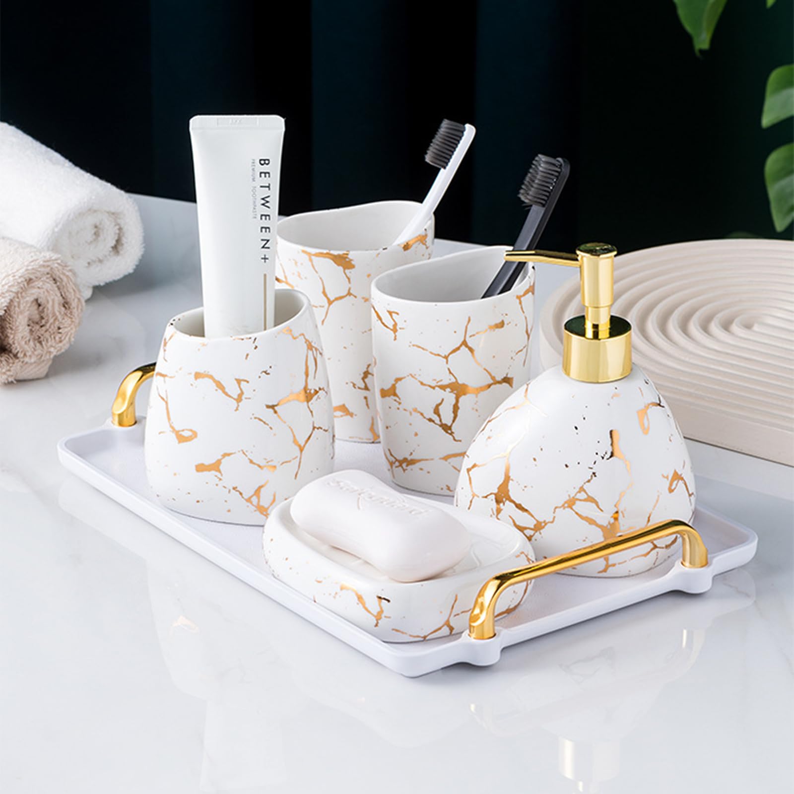 XYQXYQ White Bathroom Accessories Set,Gold Marble Look Bathroom Decor