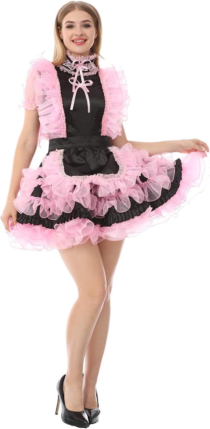 JOLINE Sissy High Neck Ruffled Lace Silky Satin Black Dress Crossdressing (L) Pink - Image 3