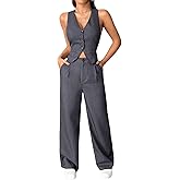 SweatyRocks Women's 2 Piece Solid Sleeveless V Neck Cross Back Button Down Blazer and Pants Business Office Suit Set