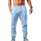 Puimentiua Mens Linen Pants Casual Drawstring Loose Lightweight Mens Pants Yoga Summer Beach Trousers