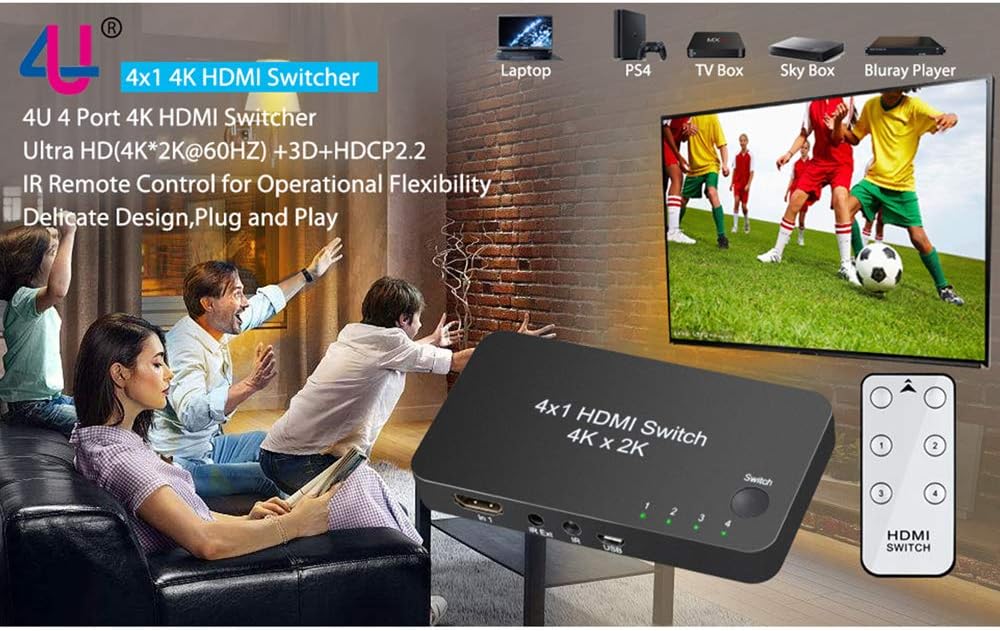 HDMI KVM Switcher, 4 in 1 Out 4K 60Hz HDV HDMI 2.0 Switch Selector Box with IR Wireless Remote Control for HDTV Blu-Ray Player/ DVD/ DVR/ Xbox PS4 etc.: Electronics