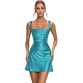 DMOMOG Mini Satin Homecoming Dresses for Teens Corset Short Prom Dress A Line Pleated Formal Cocktail Party Gown