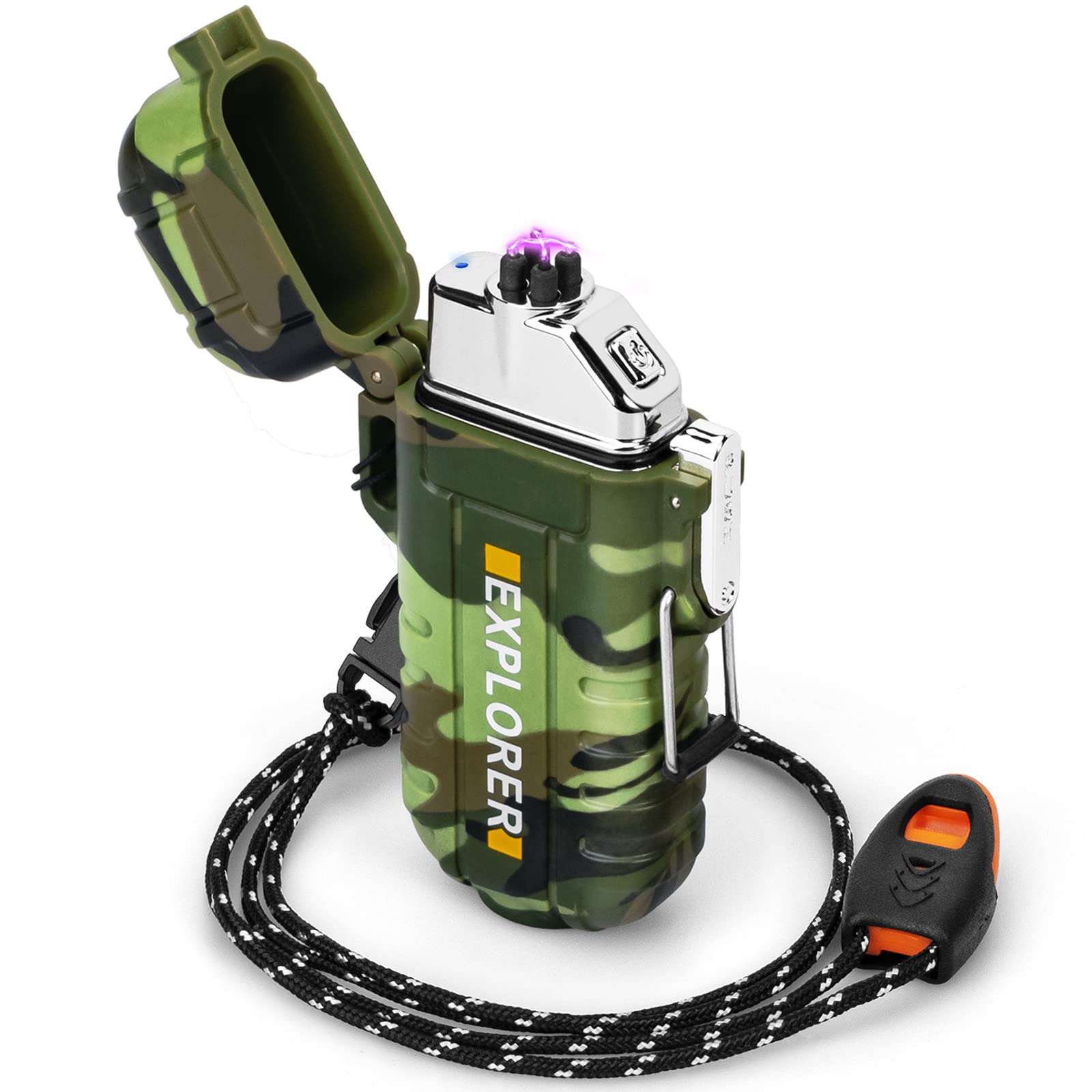 Waterproof & Windproof Electric Lighter for Outdoor Survival Equipment, Professional Type-C Rechargeable Lighter, Dual Arc Lighter Kits for Camping Hiking Survival Equipment