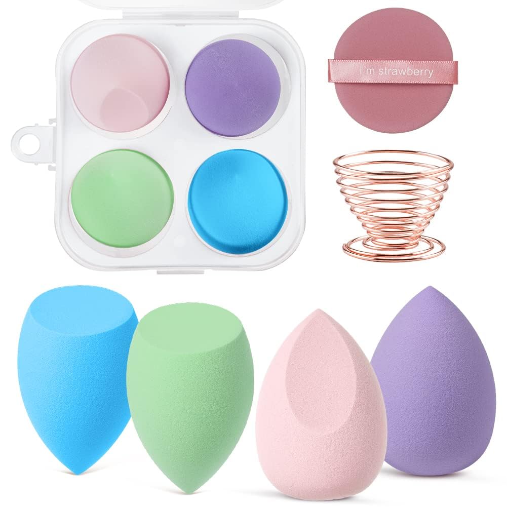 AUAUY 6 Pcs Makeup Sponges Set, 4 Pcs Professional Beauty Sponge Foundation Blending with 1 Sponge Storage Box, 1Powder Puff, Multi-colored Makeup Sponges for Cream, Liquid and Powder