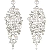 DEYOUM Bridal Pearl Earrings for Women Elegant Large Sparkling Crystal Rhinestone Cluster Chandelier Simulated Pearl Long Dangle Drop Earrings Bridal Wedding Prom Jewelry Gifts