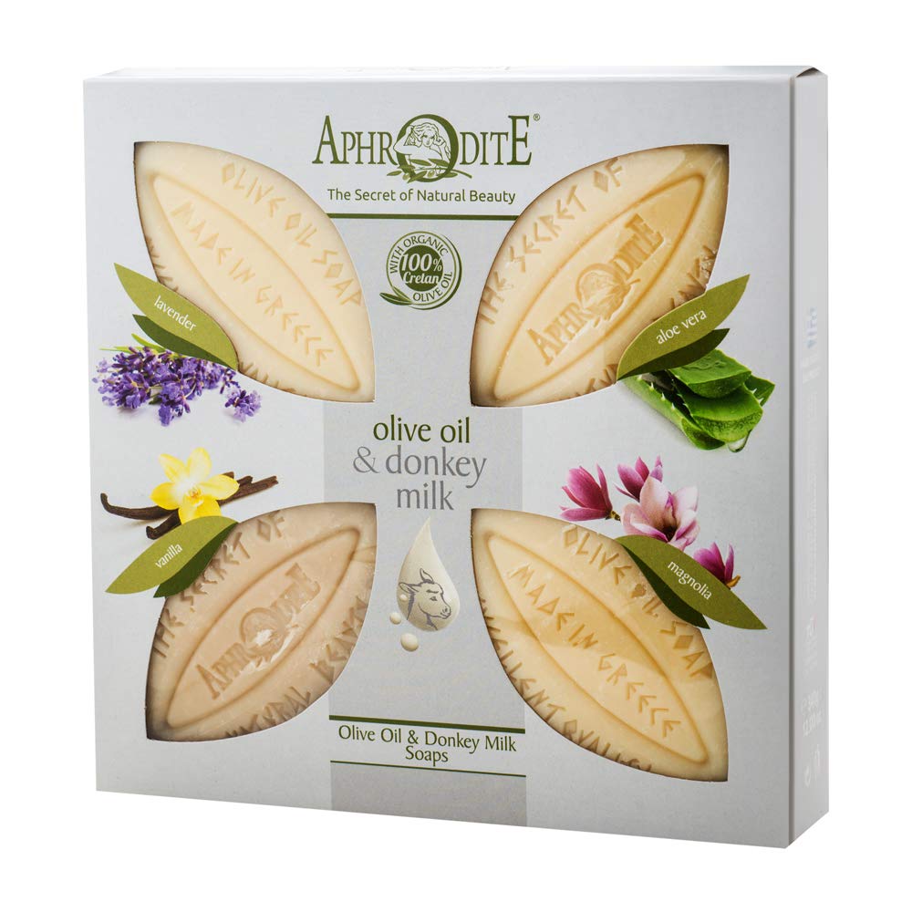 Aphrodite Set of 4 olive oil and donkey milk soap bars. Natural soap with donkey milk and unique scents for well-groomed skin - Olive Oil Soap Bar With Donkey Milk - Hand Soap - (4x85gr)
