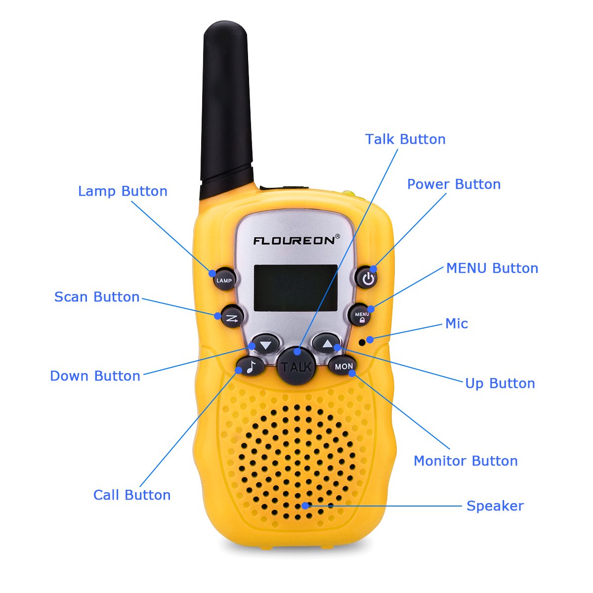 FLOUREON Kids Toy Walkie Talkies Two Way Radios Walky Talky 22 Channel Long Range UHF Handheld Outdoor Kids Toy Cellphone for Children Day/Birthday (Yellow x 4)