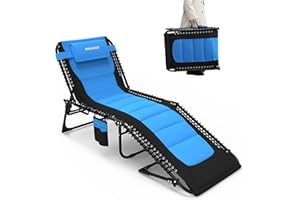 WKFAMOUT Oversized Padded Outdoor Folding Lounge Chair for Adults 440Ibs Patio Chaise Lounge Chair for Outside 5-Position Adjustable Reclining Beach Chair with Pillow Pocket