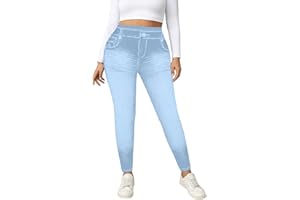 Stretch Faux Jeans Womens Pull-On Skinny Leggings High Waisted Jeggings Wash Classic Lifting Up Pants with Pocket