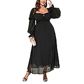 EYWOL Women's Plus Size Formal Dress - 2 Neck Styles,Cinched Waist,Slit & Sheer Long Marie Sleeves Maxi Dresses
