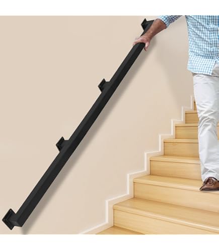 10FT Wall-Mounted Stair Handrail Kit – Industrial Iron Rail With Luminous Tape For Night Safety, 500lb Capacity For Indoor/Outdoor Use