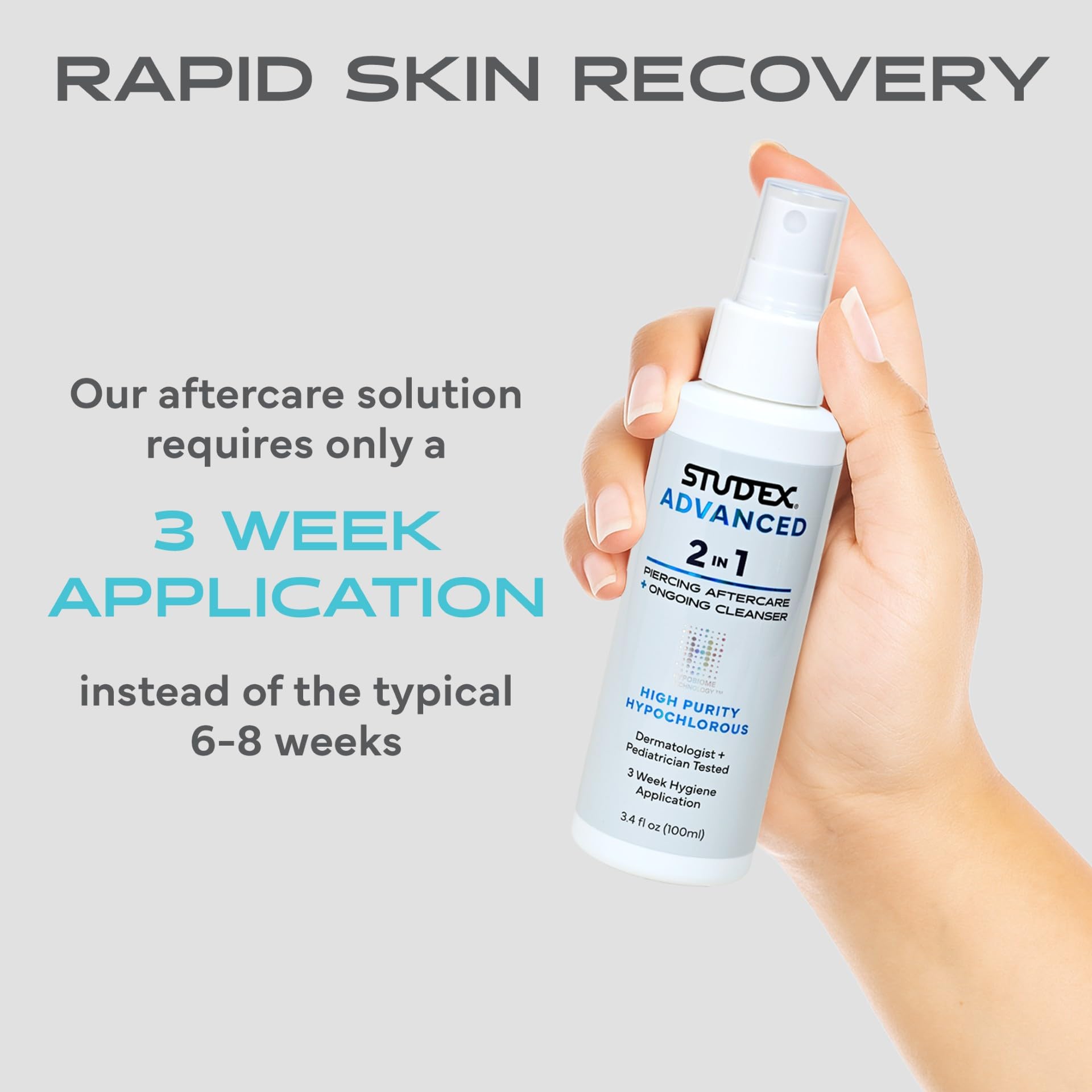 Studex Advanced 2-in-1 Piercing Aftercare & Cleanser – Hypochlorous Spray for Body and Ear Piercing, Hypoallergenic Formula for Sensitive Skin (3.4oz)