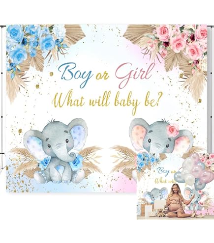 Boho Elefant Fotohintergrund – Gender Reveal Party, 210x150 Cm, Vinyl-Stoff