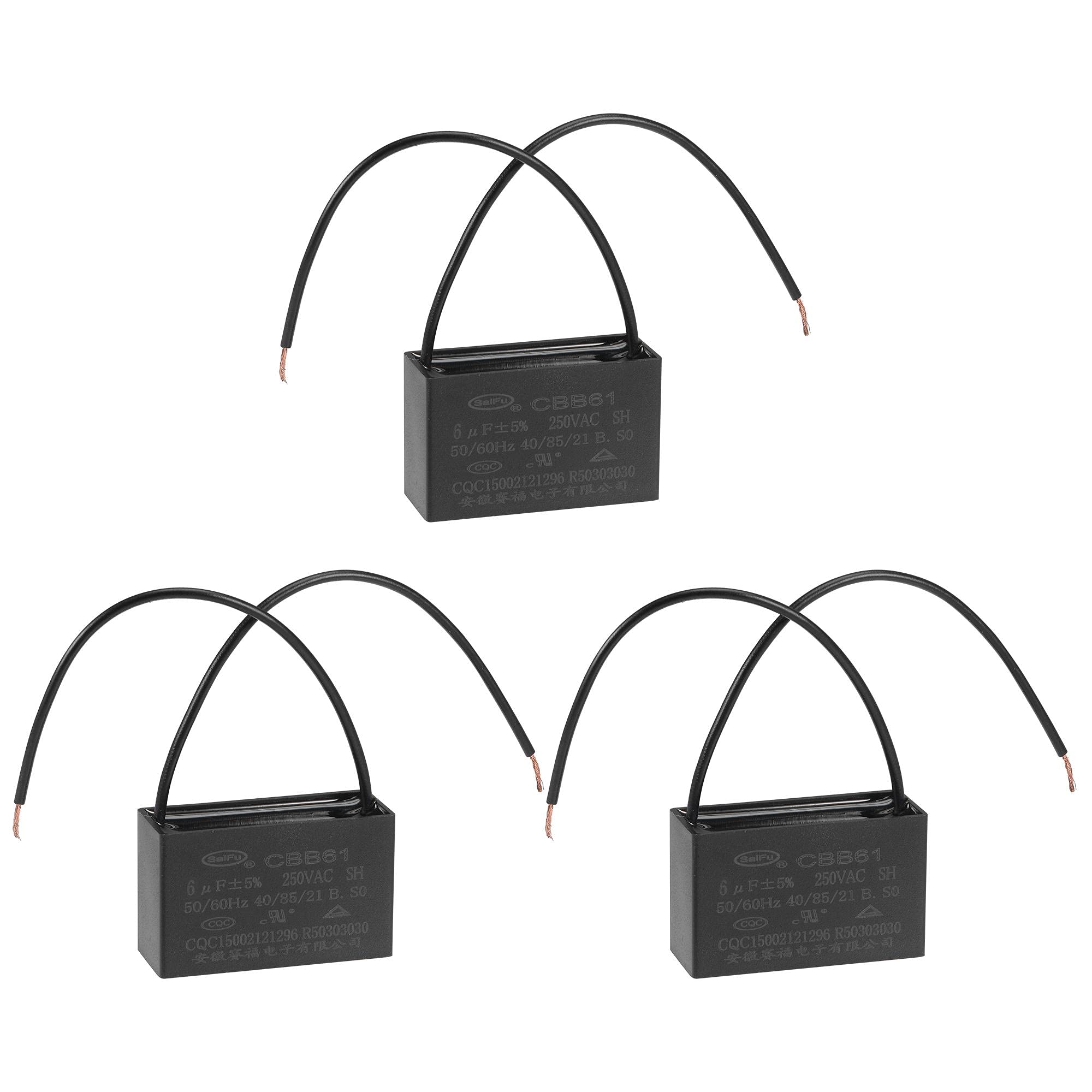 sourcing map Ceiling Fan Capacitor CBB61 6uF 250V AC 2 Wires Metallized Polypropylene Film Capacitor 47x29x18mm for Electric Fan Pump Motor Generator 3Pcs