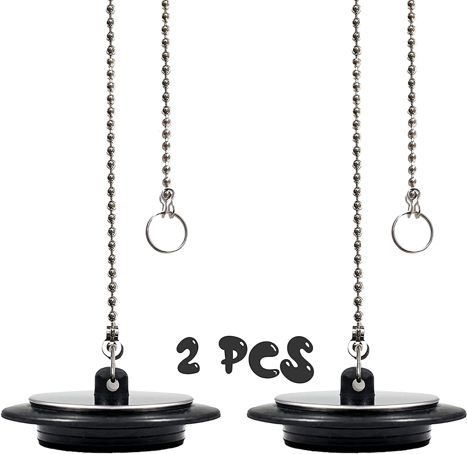 2Pcs Chain Drain Stopper, 43mm Universal Bath Plug with Long Metal Ball Chain and Hanging Ring, Chrome & Rubber Sink Plug Drain Cover Trap Strainer Replacement for Bathtub Bathroom Kitchen Home