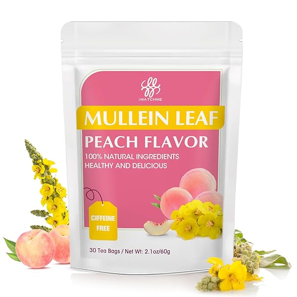 IMATCHME MULLEIN TEA FOR LUNG CLEANSE, RESPIRATORY SUPPORT AND MUCOUS MEMBRANES, WHITE PEACH AND MULLEIN LEAF COMPLEX, GOOD TASTE, NATURAL HEALTHY HERBAL TEA, NO CAFFEINE, NON-GMO, 30 TEA BAGS