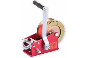 WHSSFINE Hand Winch Heavy Duty 3200lbs with Nylon Strap and Ratchet Handle Hook 2 Gear Manual Crank Towing Winch for ATV Boat Trailer Truck Auto (3200 red)