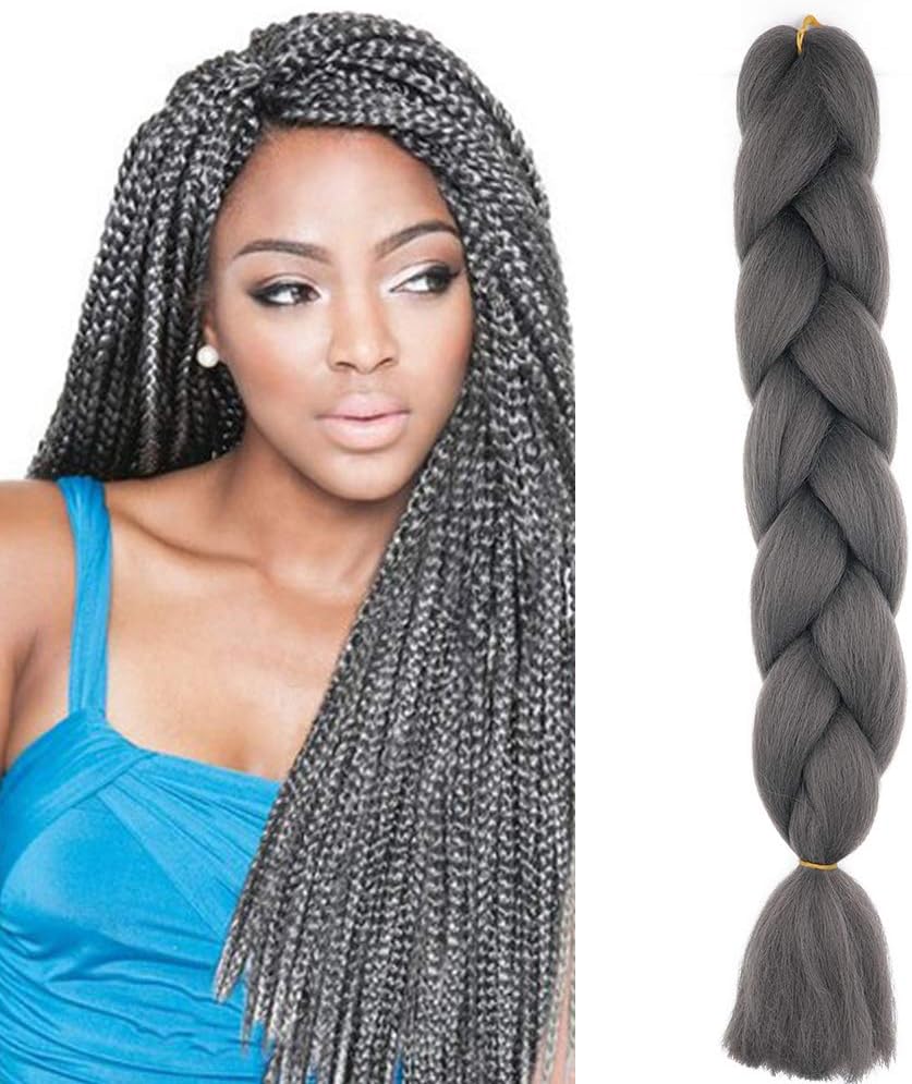 24" Braiding Hair Extension Jumbo Braids Synthetic Crochet Hair Afro Box Braid Heat Resistent (Dark Gray)