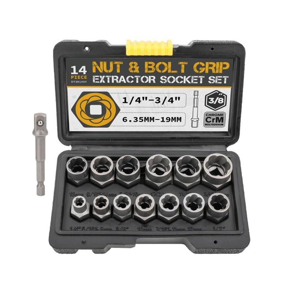 14Pcs Impact Bolt & Nut Remover Set, Stripped Lug Nut Remover with Hex Adapter Extraction Socket Set for Removing Bolts and Nuts with Solid Storage Case