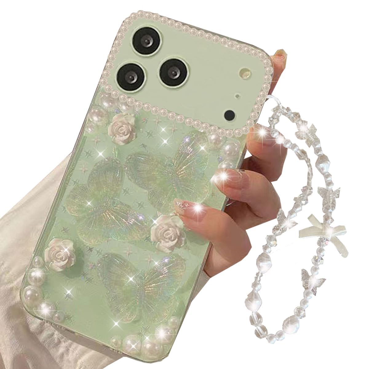 Changjia for iPhone 17 Pro Max Clear Glitter Case, Cute 3D Butterfly Floral Flowers Crystal Pearl Bling Sparkle with Wrist Strap Soft TPU Aesthetic Women Girls Phone Case for iPhone 17 Pro Max, Clear