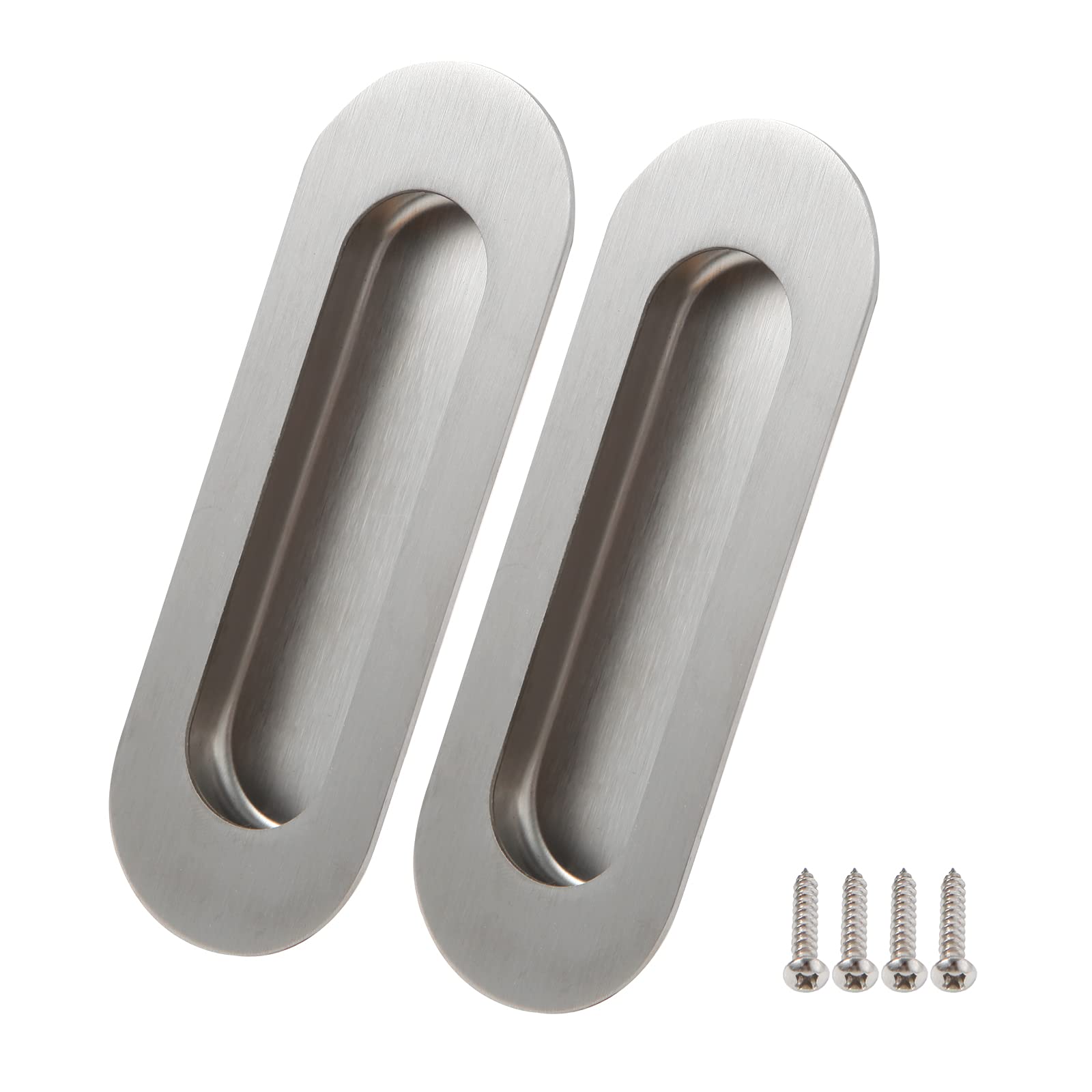 Lyaor 2pcs Satin Brushed 304 Stainless Steel Recessed Sliding Door Pull Handles 12x4cm Flush Oval Hidden Door Pulls Handle Finger Insert Door Handle for Drawer Wardrobe Cabinet - Silver