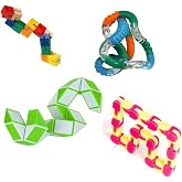 Fidget Sensory Stress Relief Twister Toys Pack of (4) with Genuine Tangle&reg; Textured, Wood Fidget Puzzle, Shape Shifter Brain Teaser 12 Blocks