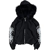 RICHTRUE Grunge Fur Hood Zip Up Hoodie Women Men Y2k Goth Hoodie Emo Jackets Fall Winter Streetwear Sweatshirt 2000s