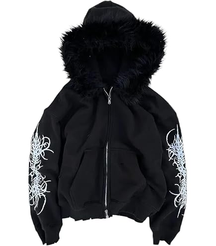 Amazon.com: RSGMU Y2k Jacket with Fur Hood Emo Hoodie Jackets, Fur