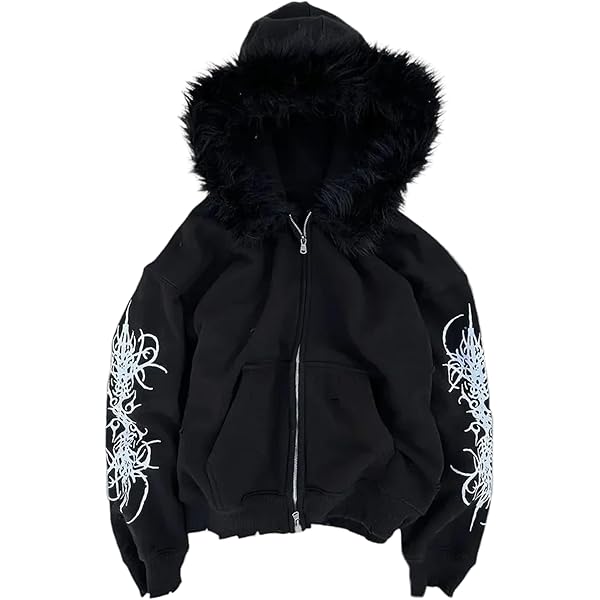 Amazon.com: RICHTRUE Therian Fur Hood Jacket Y2k Goth Zip Up