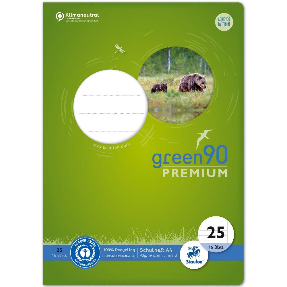 Staufen Green notebook - DIN A4, line style 25 (lined with margin), 16 sheets, premium white 90 g/m² recycled paper, round corners prevent "donkey ears", 4 different designs (no choice possible), 1 piece