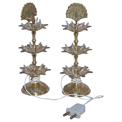 Rajasthan Emporium and Handicrafts Peacock Shape 3 Step Electric Brass Diya (Pair, 8 Inch)
