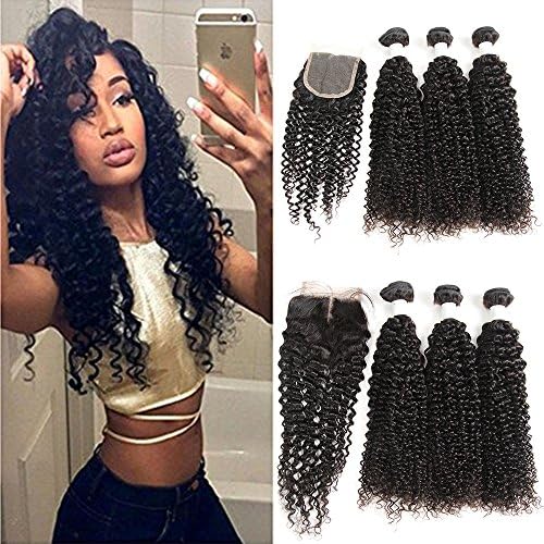 Miss CARA Brazilian Kinky Curly Wave Bundles with Free/Middle Part Closure 7A Virgin Hair Unprocessed Human Hair 3 Bundles With Closure Kinky Curly Bundles Natural Color (16 18 20 +14)