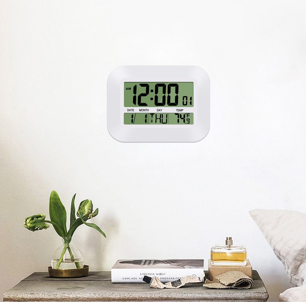 Silent Desk Shelf Clocks, HeQiao Decorative Wall Clock Slim Digital Calendar Day Clock Elderly Large LCD Alarm Clock Battery Operated Temperature Snooze Clock for Home Office (12 Inch, Ivory White)