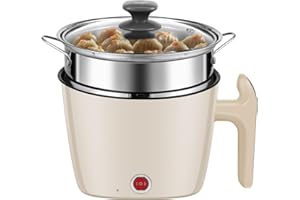 JANOIUC Electric Cooker, 55oz Electric Hot Pot with Steamer, Portable Ramen Cooker with Nonstick Coating, 2 Speed Multifunctional Mini Pot, with Over Heating Boil Dry Protection, for Stew, Noodles (Beige)
