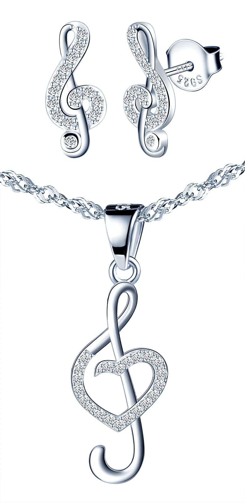 Yumilok Music Note Jewellery Set Lucky 925 Sterling SIlver Necklace and Earrings Set Cubic Zirconia Jewellery for Musicain