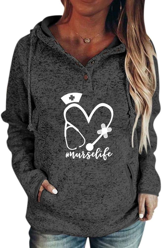 Fulllucky Nurse Sweatshirt, Casual Long Sleeve Hooded Women