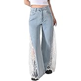 Novaorily Women High Waisted Jeans Straight Wide Leg Pants Causal Patchwork Denim Pants with Lace