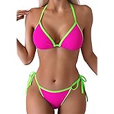Tainehs Women's Sexy Halter Thong Bikini Tie Two Sides Bottom Triangle Bikini Swimsuits