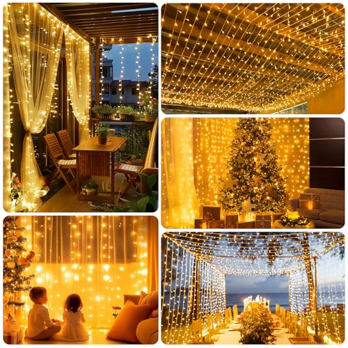 A.bigwhale Curtain Lights Outdoor with Plug, LED Lights Christmas Garlands Luminous 3 x 2 m, 8 Modes Waterfall Light for Indoor Outdoor Wall Decorated Window Wedding Party Birthday Balcony Garden