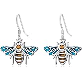 PEIMKO 925 Sterling Silver Turquoise with Amber Exquisite Bee Dangle Earrings Boho Style Drop Earrings Jewelry Gifts for Women Mother