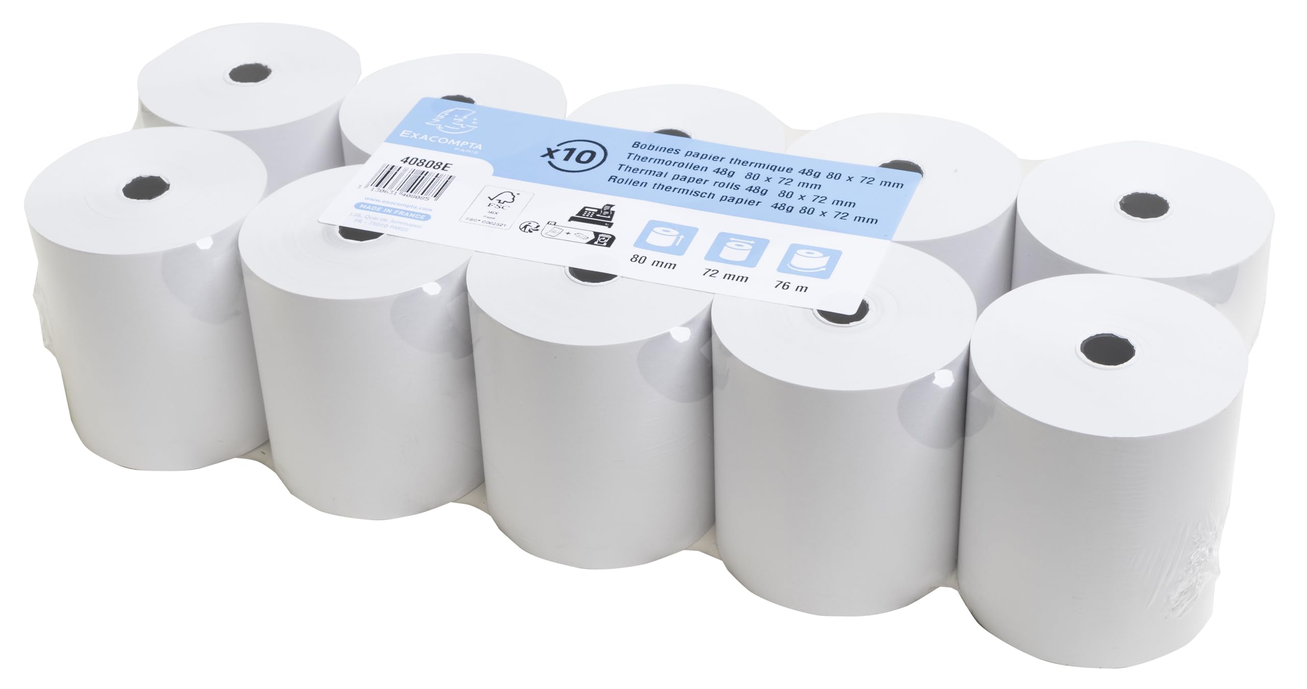 Exacompta - Ref 40808E - Thermal Cash Register Receipt Roll (Pack of 10) - 80mm Width x 76m Length, 12mm Core Diameter, 55gsm Paper, 30 Rolls Per Pack